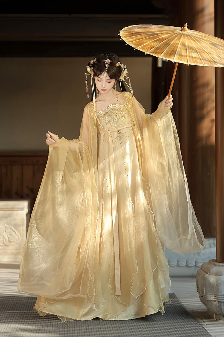 Golden Hime-Sleeve High-Waist Embroidered Classic Hanfu Set