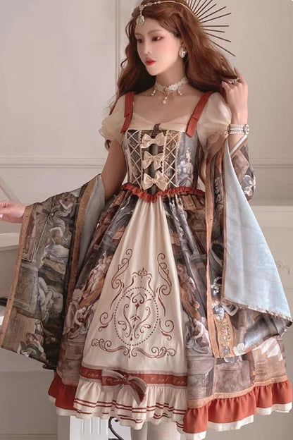 Vintage Oil Painting Print Bowknot Princess Classic Gown