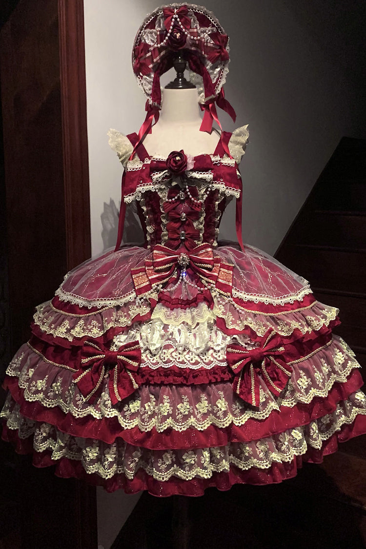Ruby Gemstone Triple-Layered Bow Lace JSK Dress for Elegant Lolita