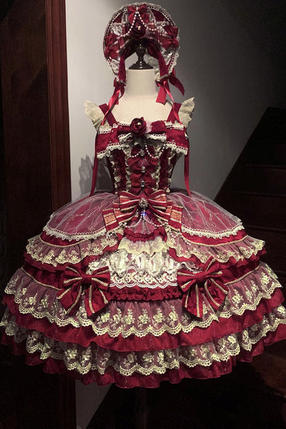 Ruby Gemstone Triple-Layered Bow Lace JSK Dress for Elegant Lolita