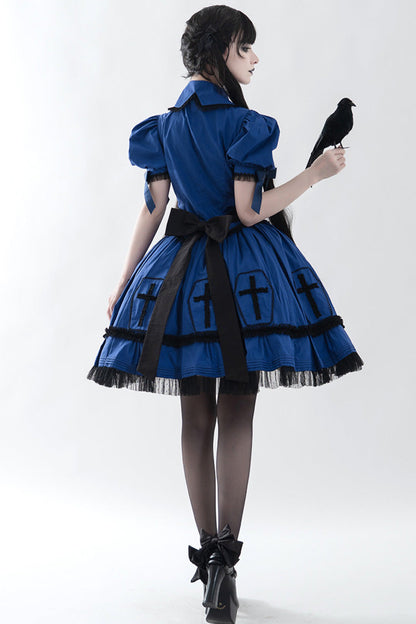 Blue Cross Short Puff Sleeves Two-Piece Gothic Lolita Dress