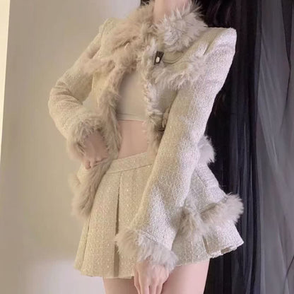 Set Mini Coat Fuzzy Pleated Skirt Elegant Lapel