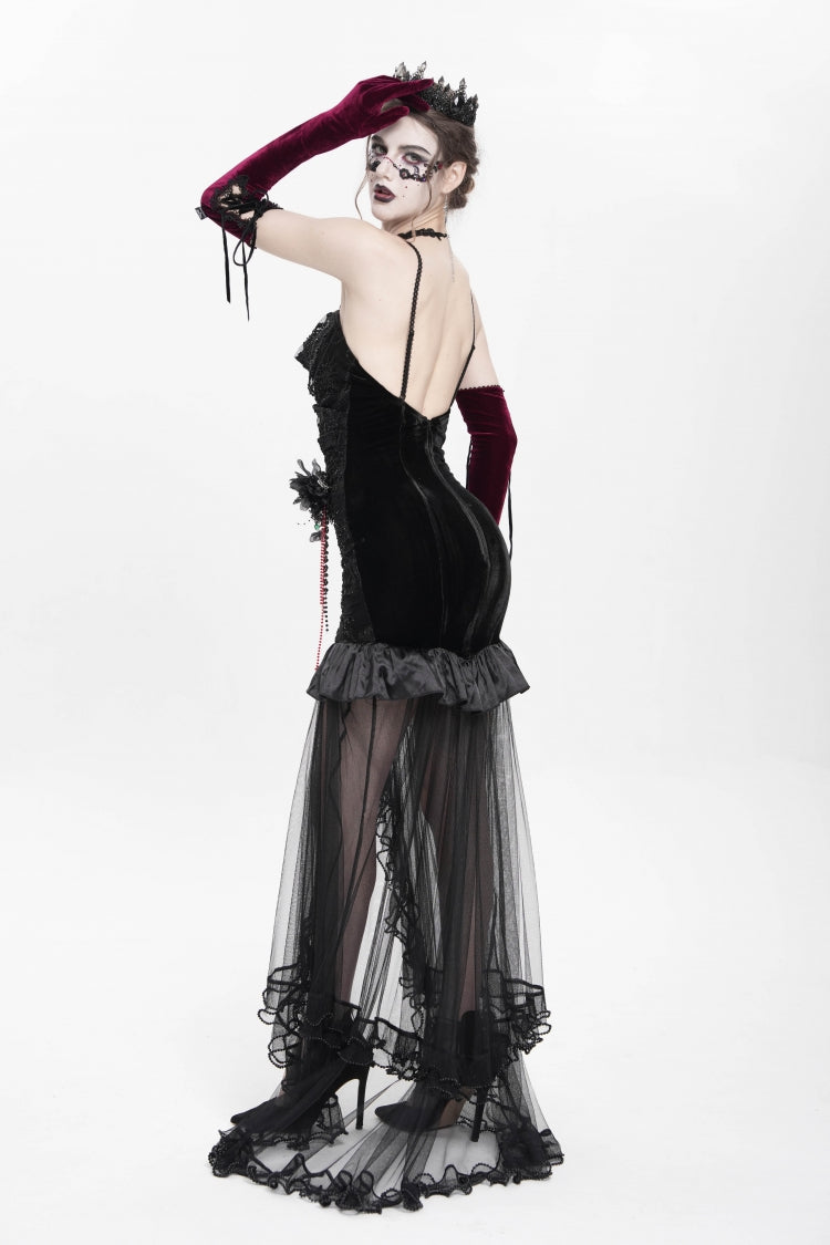 Floral Embroidery Mesh Hem Gothic Long Slip Dress