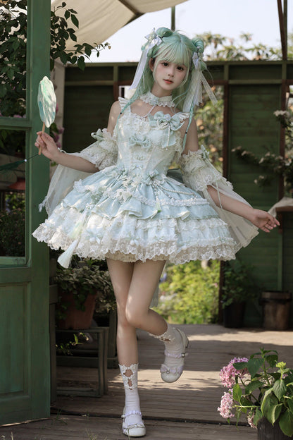 Emerald Prelude of Spring Cherry Square Collar Sleeveless Jacquard Ruffled Bow Lace Pearl Lolita JSK
