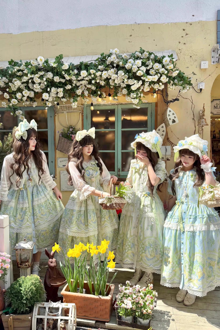 Blue Green Lily of the Valley Perfume Pearl Candy Tea Doll Collar Sleeveless Print Lace Plus Sweet Lolita JSK