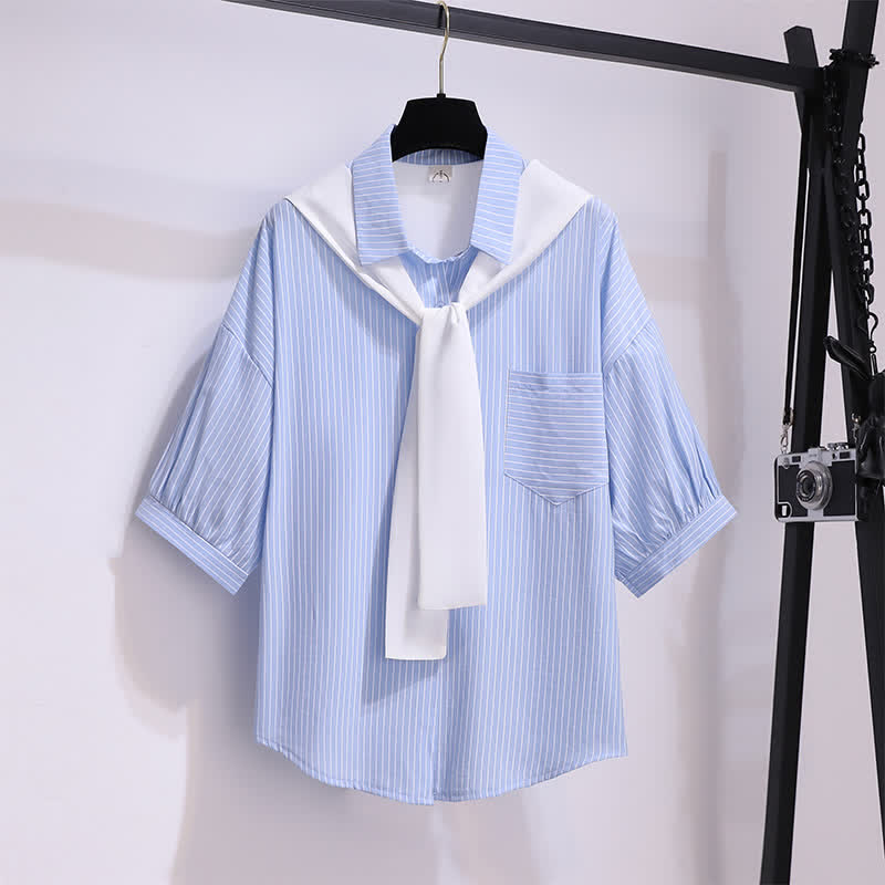 Chic Shorts Pocket Lapel T-Shirt Stripe Denim Ripped