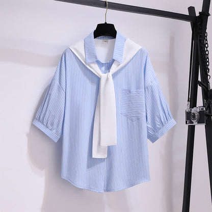 Chic Shorts Pocket Lapel T-Shirt Stripe Denim Ripped