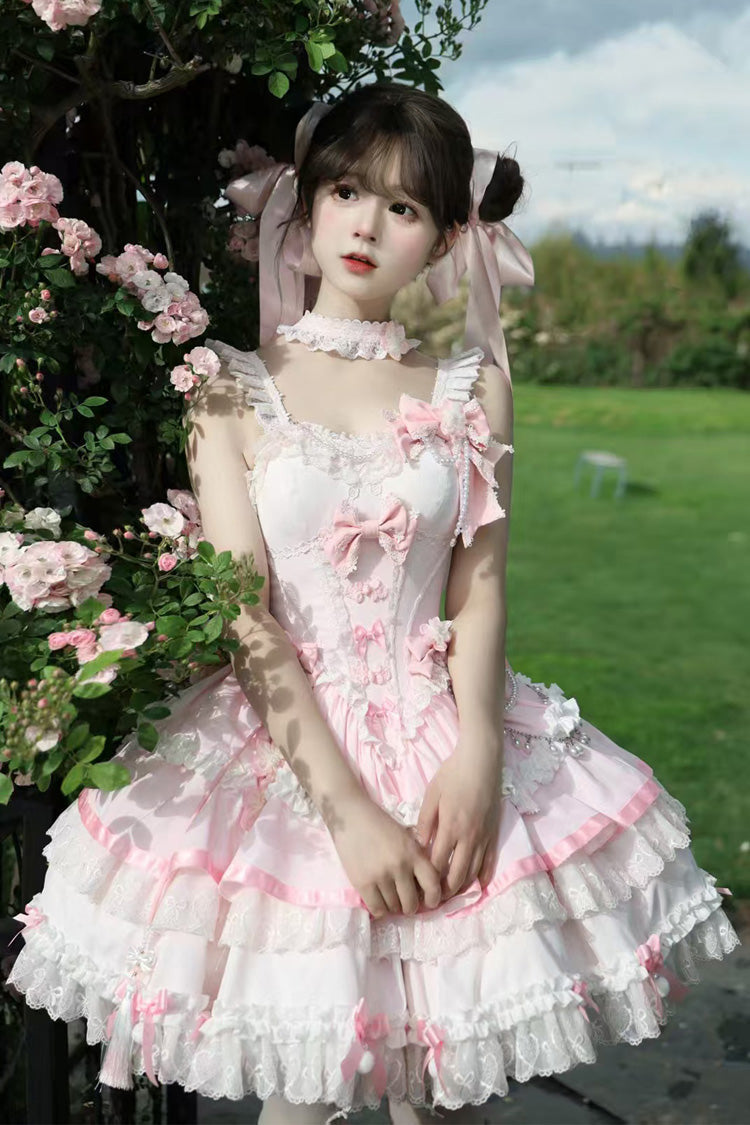 Rose Cherry Prelude Square Neck Sleeveless Layered Ruffled Bow Lace Embellished JSK Gown