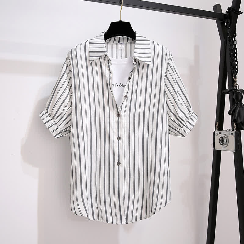 T-Shirt Stripe Pieces Denim Fake Pocketed Shorts Two Lapel