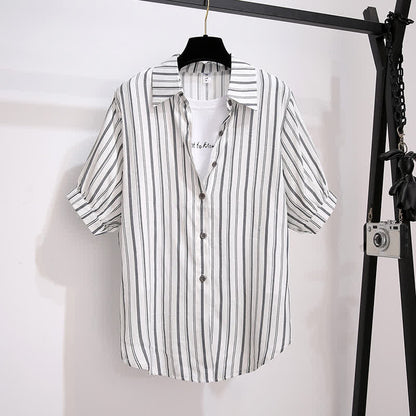 T-Shirt Stripe Pieces Denim Fake Pocketed Shorts Two Lapel