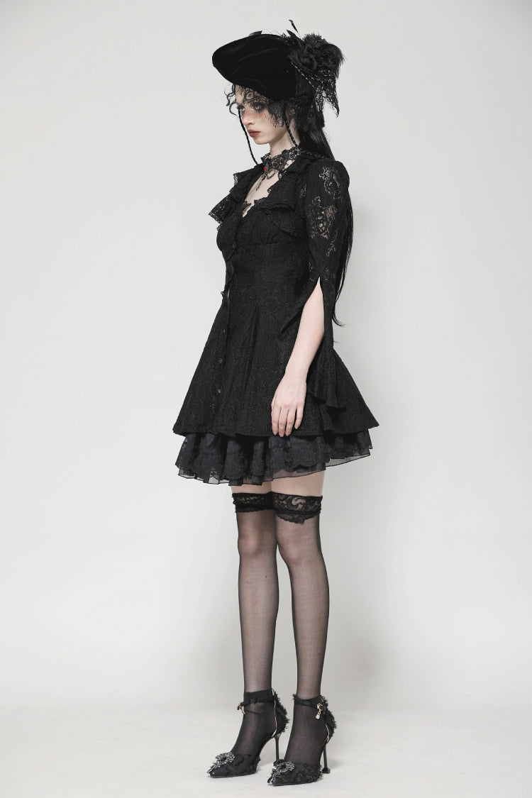Ebony Embroidered Lace Trumpet Sleeve Corset Dress - Gothic Honeymoon Gown