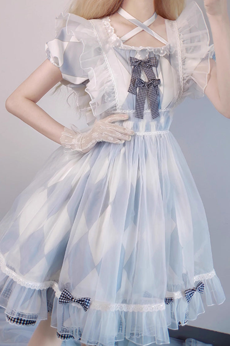 White Blue Short Sleeves Diamond Plaid Bow Sweet Lolita Dress
