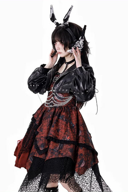 Sleeveless Printed Gothic JSK Dress with Asymmetric Ruffled Lace - Strawberries of Blood and Tears