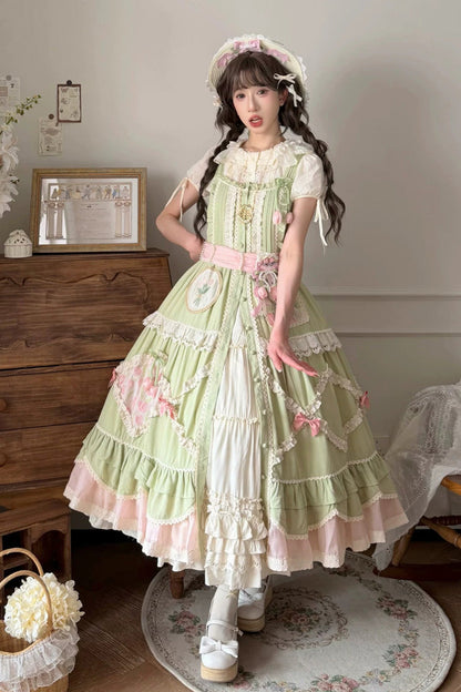 Emerald Pastoral Ruffled Bow Lolita JSK - Tulip Blossom Field