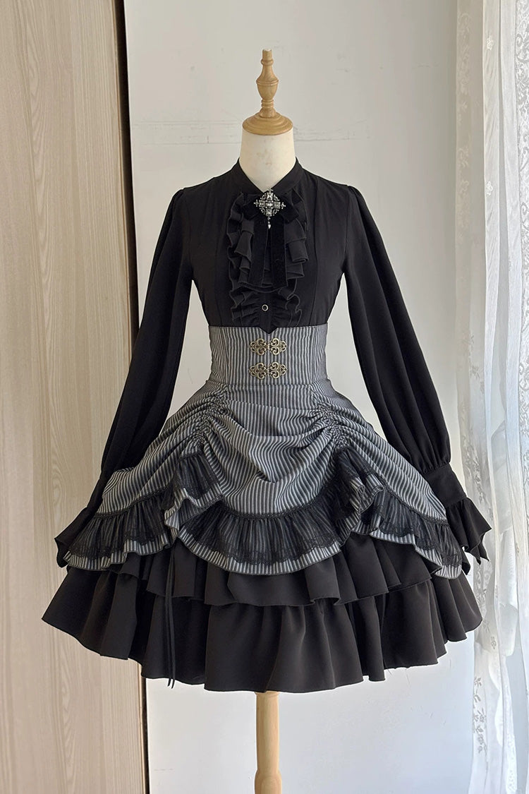 Black Point Manor Multi-Striped Print Ruffled Bow Hem Gothic Lolita Skirt
