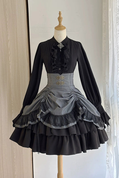 Black Point Manor Multi-Striped Print Ruffled Bow Hem Gothic Lolita Skirt
