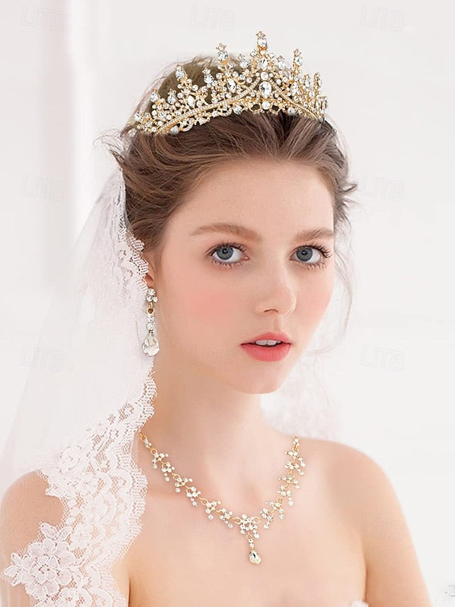 Necklace Set and Tiara Gold-Plated Diamond Crown – Sparkling