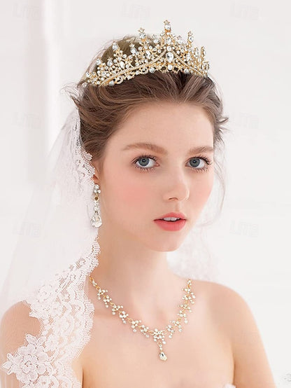 Necklace Set and Tiara Gold-Plated Diamond Crown – Sparkling