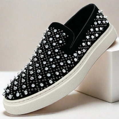 Men's Black Slip-On Shoes with Pearl Detailing - Elegant