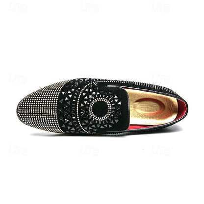 Men's Prom Shoes - Black Studded Velvet Loafers with Spiral
