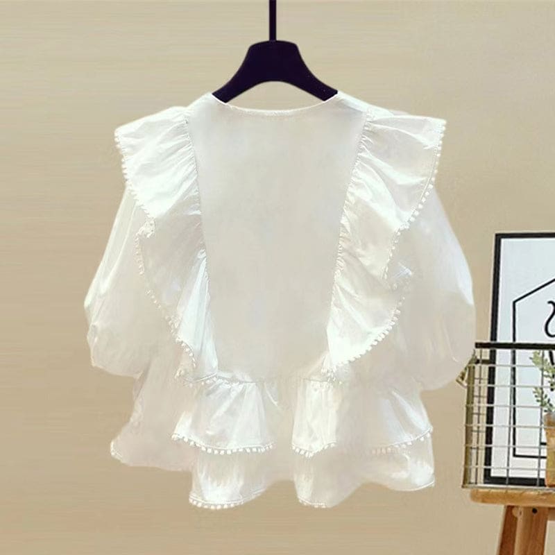 Flouncing Waist Elegant High V-neck Shorts Shirt