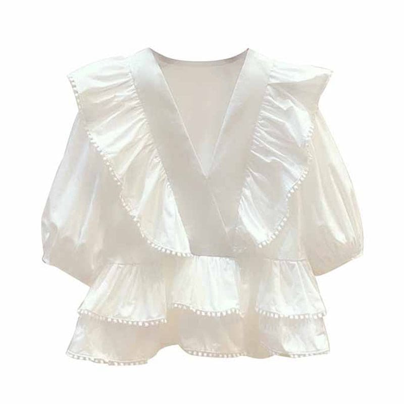 Flouncing Waist Elegant High V-neck Shorts Shirt