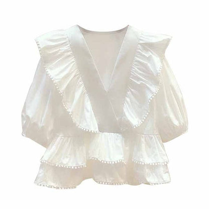 Flouncing Waist Elegant High V-neck Shorts Shirt