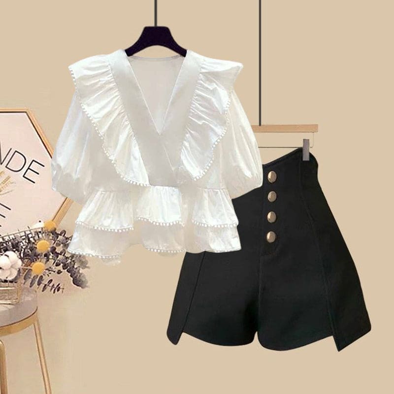 Flouncing Waist Elegant High V-neck Shorts Shirt