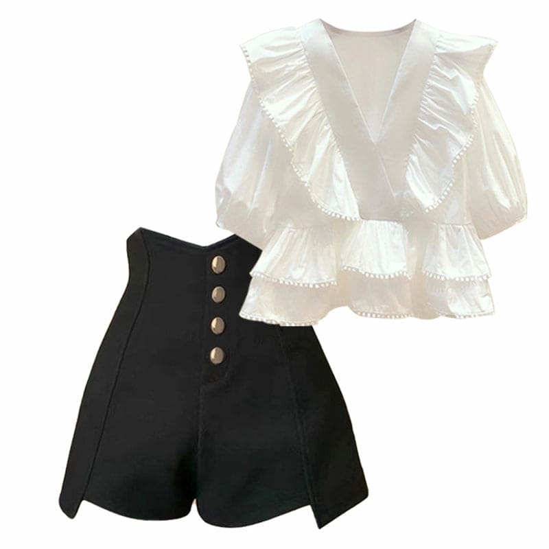 Flouncing Waist Elegant High V-neck Shorts Shirt