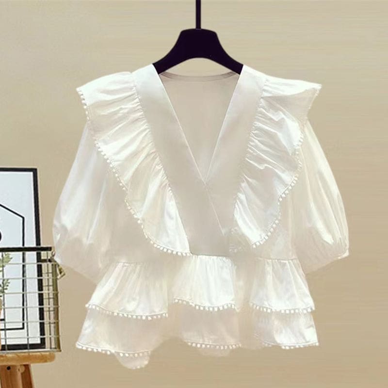 Elegant V-neck Flouncing Shirt High Waist Shorts - White