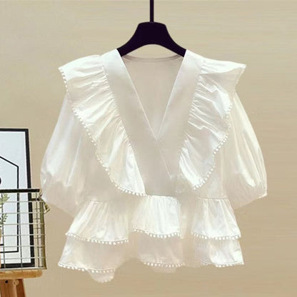 Flouncing Waist Elegant High V-neck Shorts Shirt