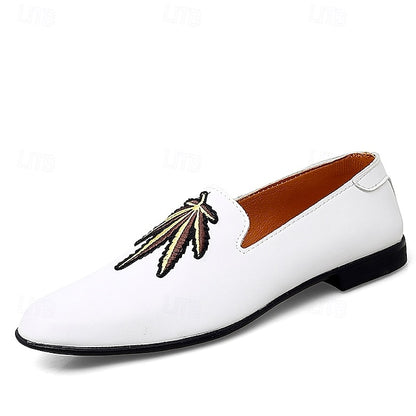 Men's Prom Shoes - White Faux Leather Loafers with Feather