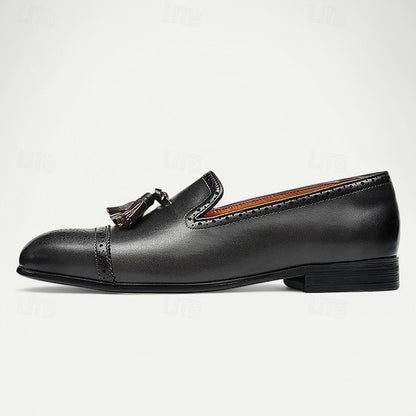 Men's Brown Leather Tassel Loafers with Brogue Detailing,