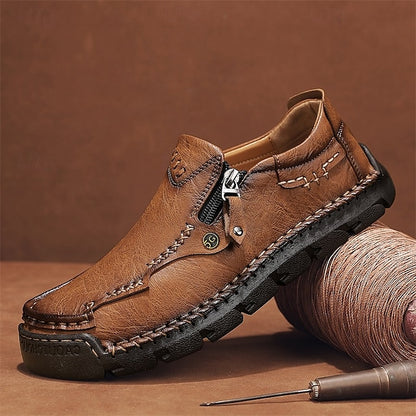 Men's Brown Faux Leather Slip-On Loafers with Side Zipper