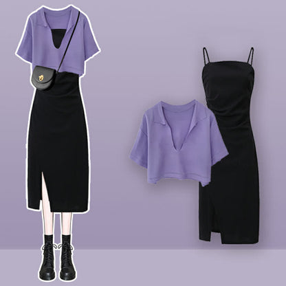 Split Slip T-Shirt Dress Ruffled V-neck