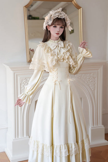 Stand Collar Gothic Dress with Long Sleeves and Lace-Up Ruffled Bow - Letters & Poems · Day and Night