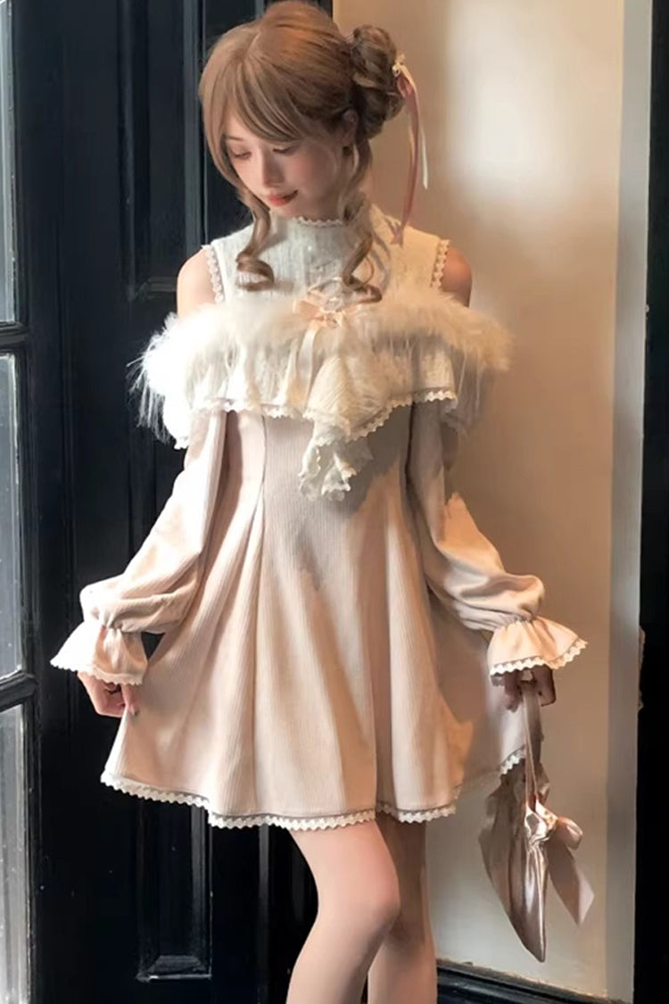 Pink Stand Collar Off-Shoulder Long Sleeve Lace Sweet Japanese Elegant Lolita Gown - Little Love Song