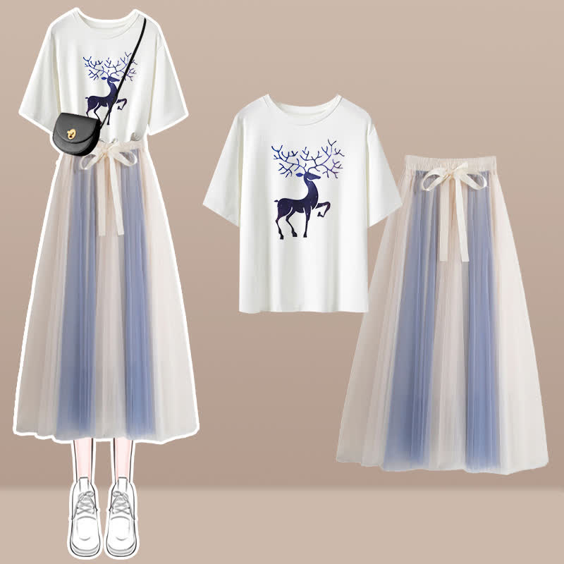 Print Round Collar T-Shirt Bow Knot Tulle Skirt