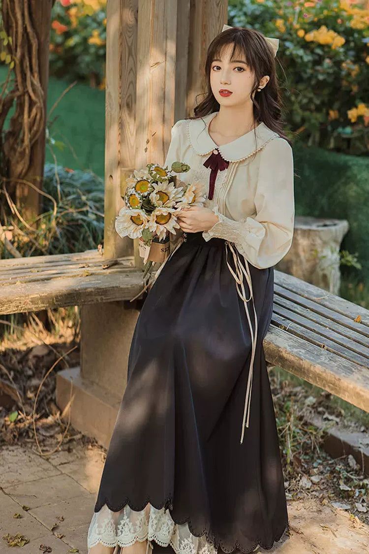 Black Lapel Collar Long Sleeves High Waist Lace-Up Wave Hem Classic Lolita Two-Piece Set