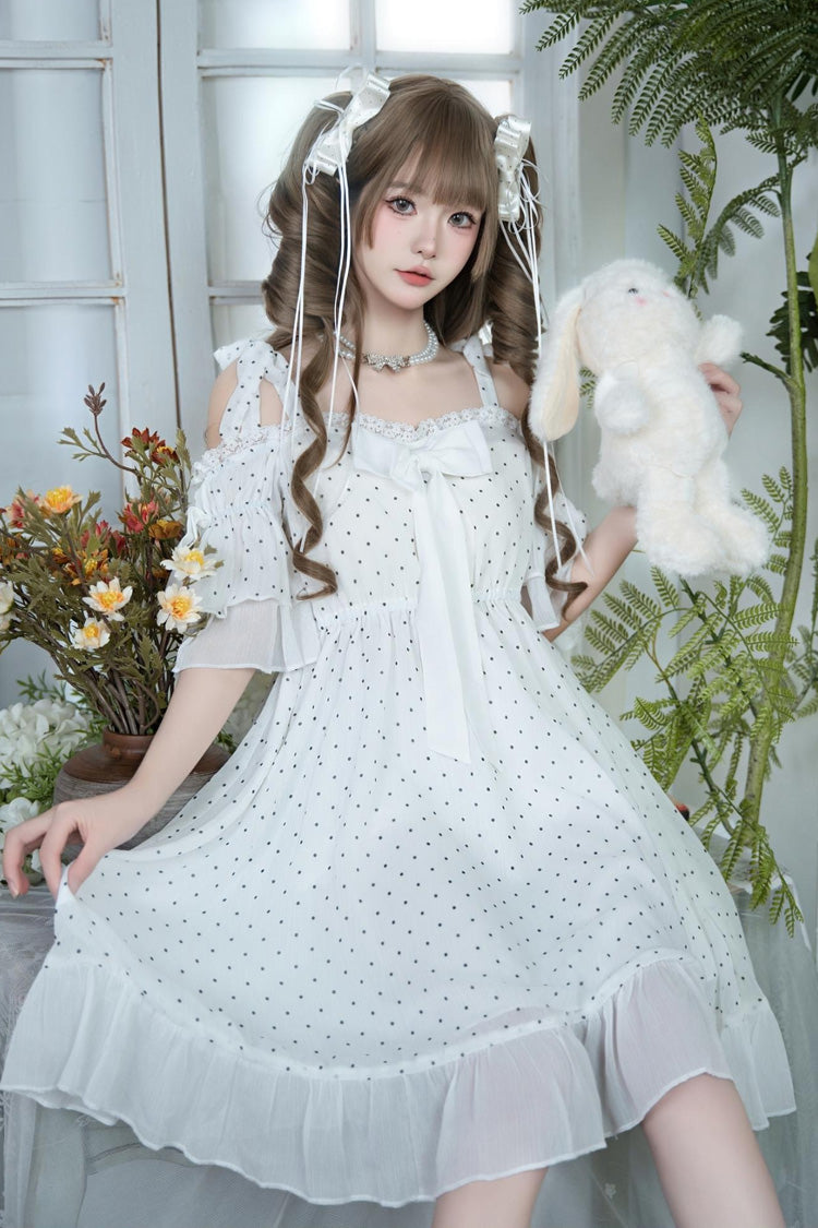 Ivory Off-Shoulder Polka Dot Ruffled Bow Lace Palace Dress