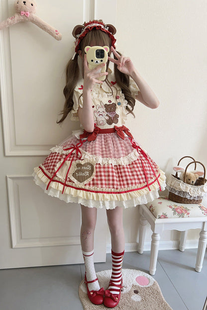 Rabbit Bear Plaid Ruffle Bow Sweet Lolita Skirt with Blouse