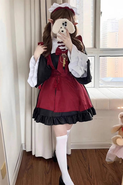 Black and Crimson Maid Long Trumpet Sleeves Ruffle Bow Classic Plus Size Chinese Lolita Set