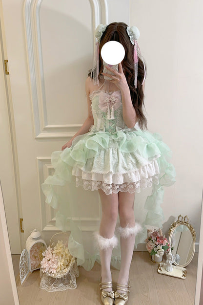 Emerald Rain and Flowers Halterneck Jacquard Bowknot Lace Sweet Lolita JSK