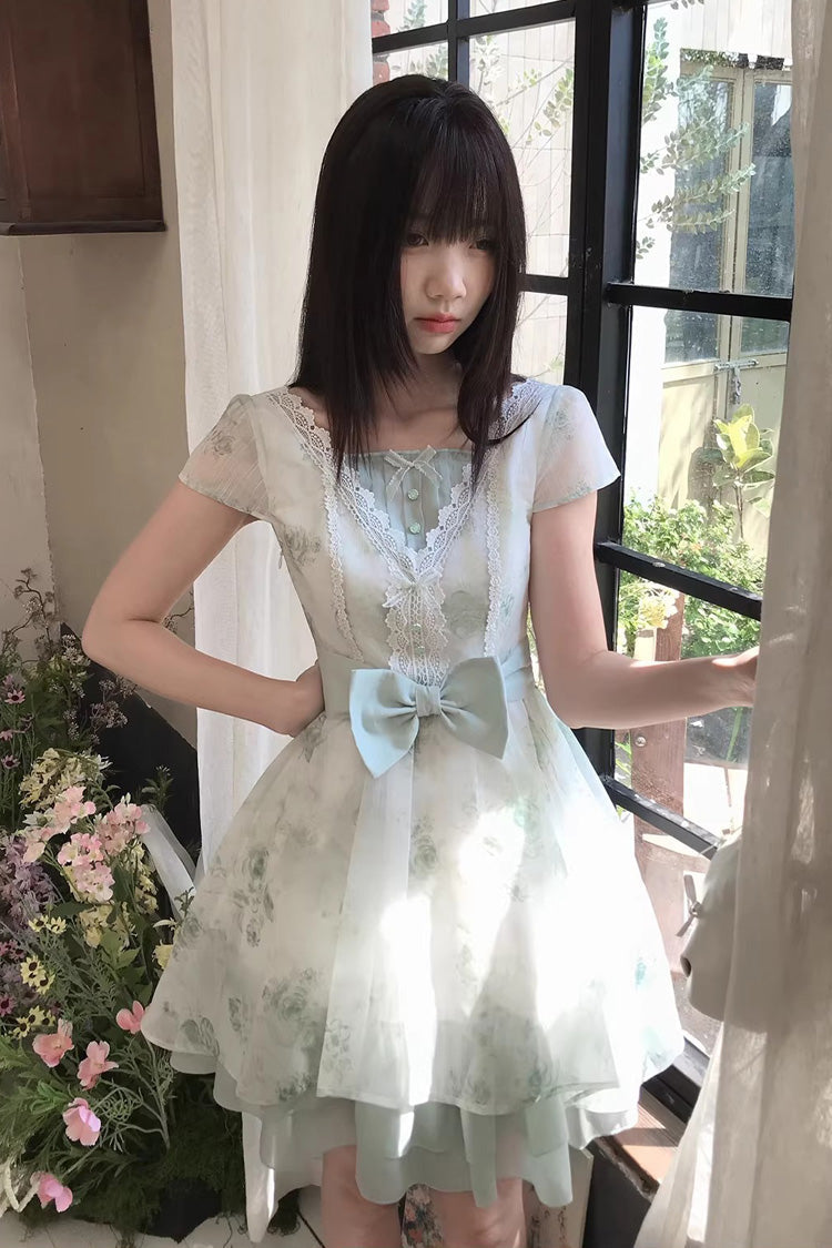 Green Floral Print Short Sleeve Bow Lace Sweet Princess Lolita Dress
