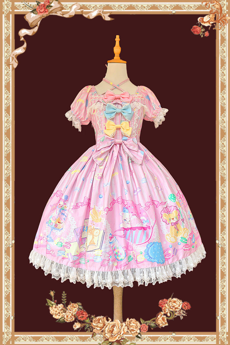 Rose Square Collar Short Puff Sleeve Bow Print Sweet Lolita Gown - Macarons Dolly House