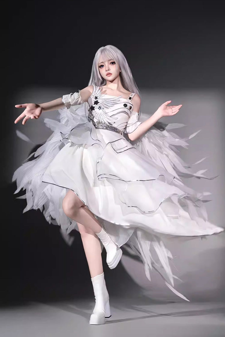 Asymmetric Futuristic Punk Jumper Dress Set - White Silver Wings