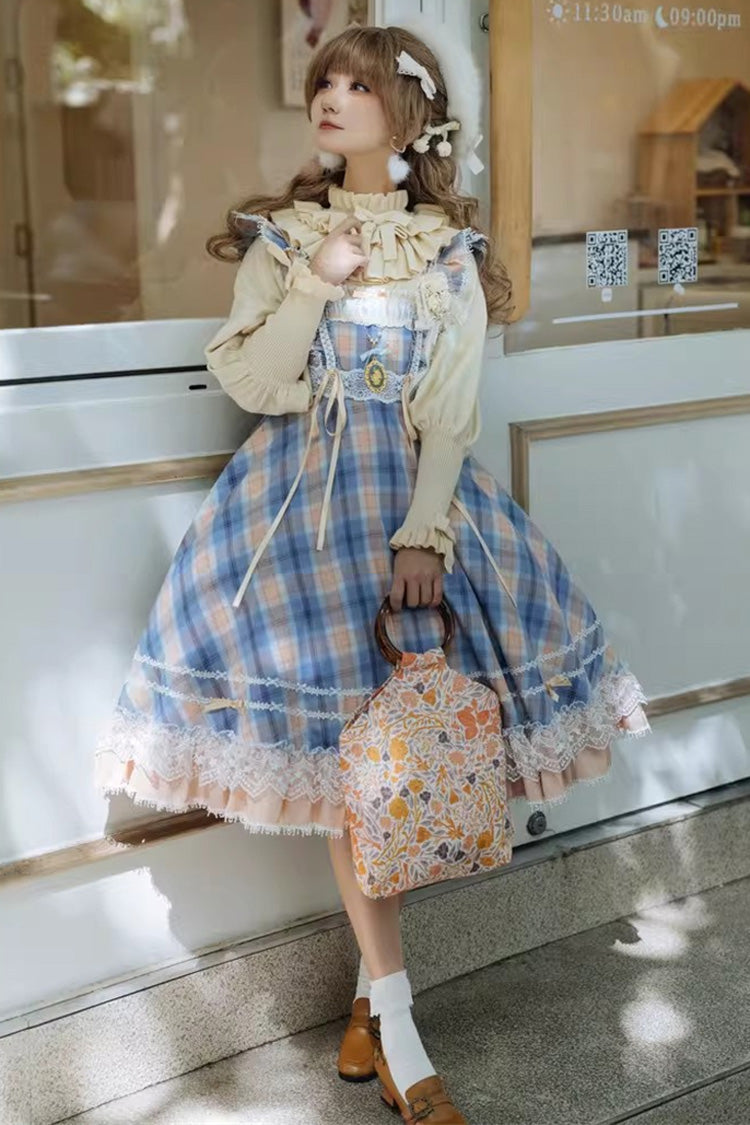 Endless Summer High Waist Print Ruffle Bow Lace Princess Lolita JSK Two Styles in Yellow Blue