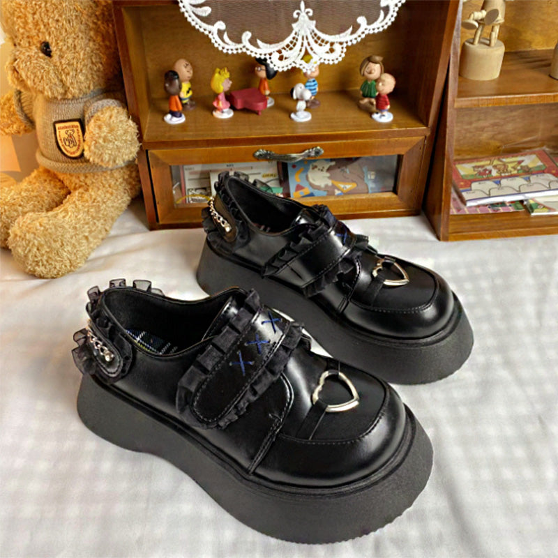 Chaussures Mary Jane Lolita noires à plateforme et dentelle