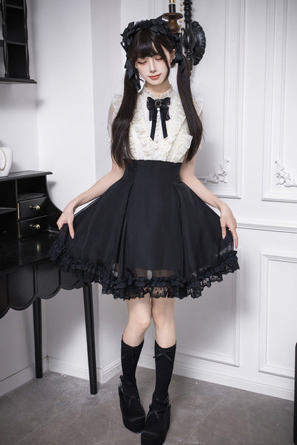 Puff-Sleeve Color-Blocked Faux Two-Piece Sweet Dress