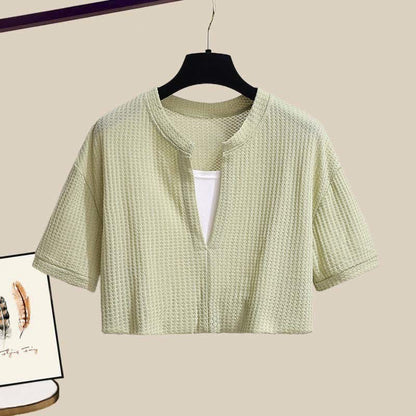 Pieces Set Casual Crop Top Fake Pants Two T-Shirt